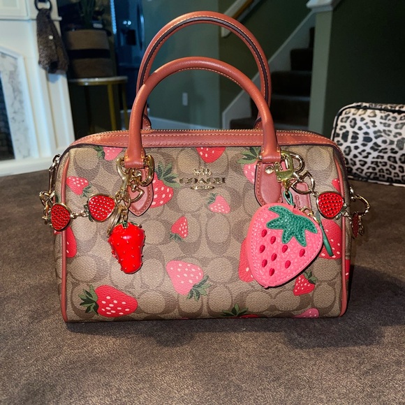 Coach Brown Signature Canvas Satchel with Red Strawberry Print and Red Trim Set - Picture 4 of 5